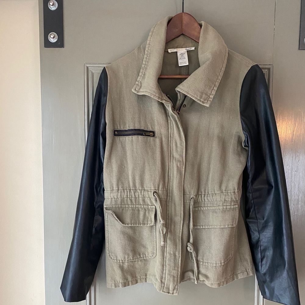 Green jacket with faux leather sleeves